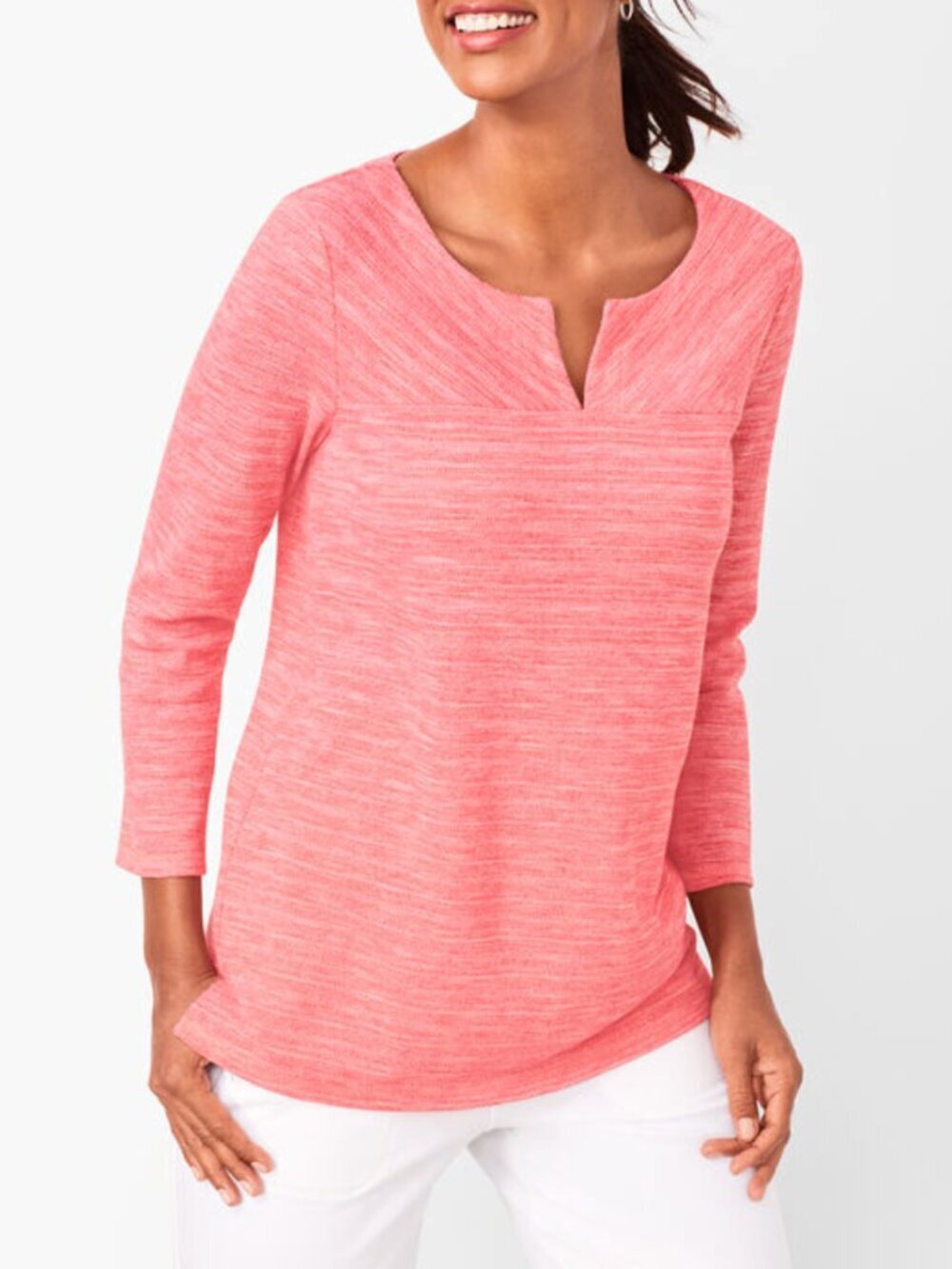 T by Talbots Women's Size Medium Textured Split-Neck Top Space-Dyed Pink Cotton
